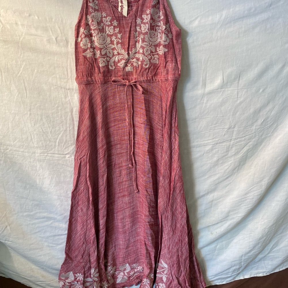 Bohemian Linen/Cotton Embroidered Pink Maxi Dress - Small
